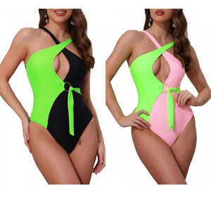 INSPIRE CHIC Women's Criss Cross Color Block O Ring Side Tie Strappy Swimwear Monokini Suit 2 Sets - 1 of 4