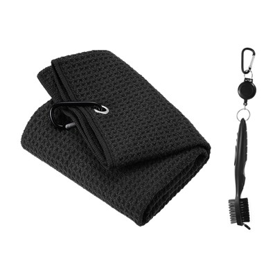 Unique Bargains Microfiber Waffle Pattern Tri-fold Golf Towel with Club Groove Cleaning Brush 1 Set
