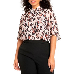 ELOQUII Women's Plus Size Bow Blouse With Flutter Sleeve - 1 of 4