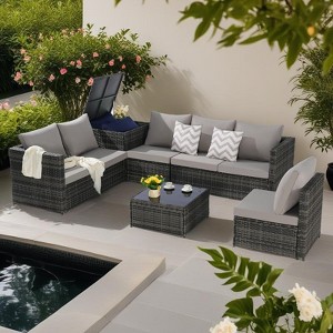 6-Piece Outdoor Patio Wicker Sectional Sofa Set with Corner Table & Glass Top Table - 1 of 4
