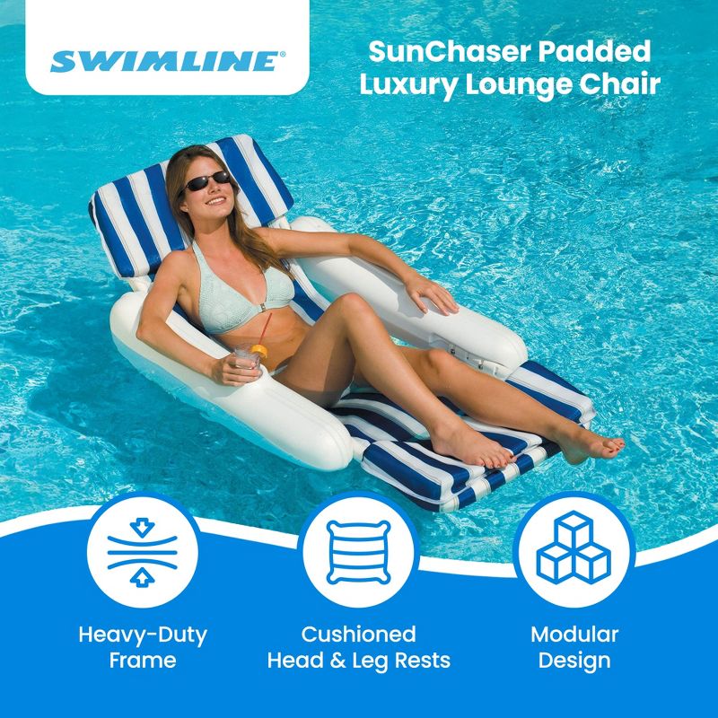 Swimline SunChaser Padded Floating Luxury Pool Lounger Sling Chair Float with Extra Thick Headrest and 2 Cup Holders, Blue/White Stripe, 2 of 7