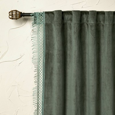 1pc 54&#34;x84&#34; Light Filtering Velvet Macrame Trim Curtain Panel Teal - Opalhouse&#8482; designed with Jungalow&#8482;