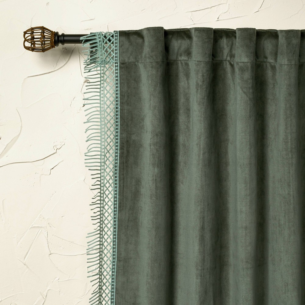 1pc 54"x84" Light Filtering Velvet Macrame Trim Window Curtain Panel Teal - Opalhouse designed with Jungalow