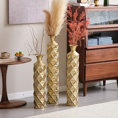 Metal decorative vase High Distress Metal center vase with 3D triangle pattern, set of 3 vases for home decoration