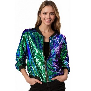 INSPIRE CHIC Women's Party Sequin Sparkle Long Sleeve Cropped Length Zipper Bomber Jacket - 1 of 4