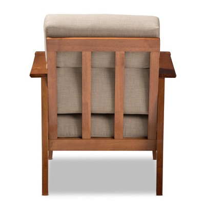 Beige Barrel Accent Chair with Cherry Wood Frame