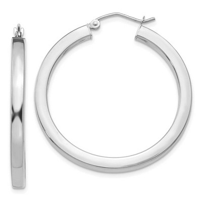 Black Bow Jewelry 3mm, 14k White Gold Square Tube Round Hoop Earrings, 35mm (1 3/8 Inch)