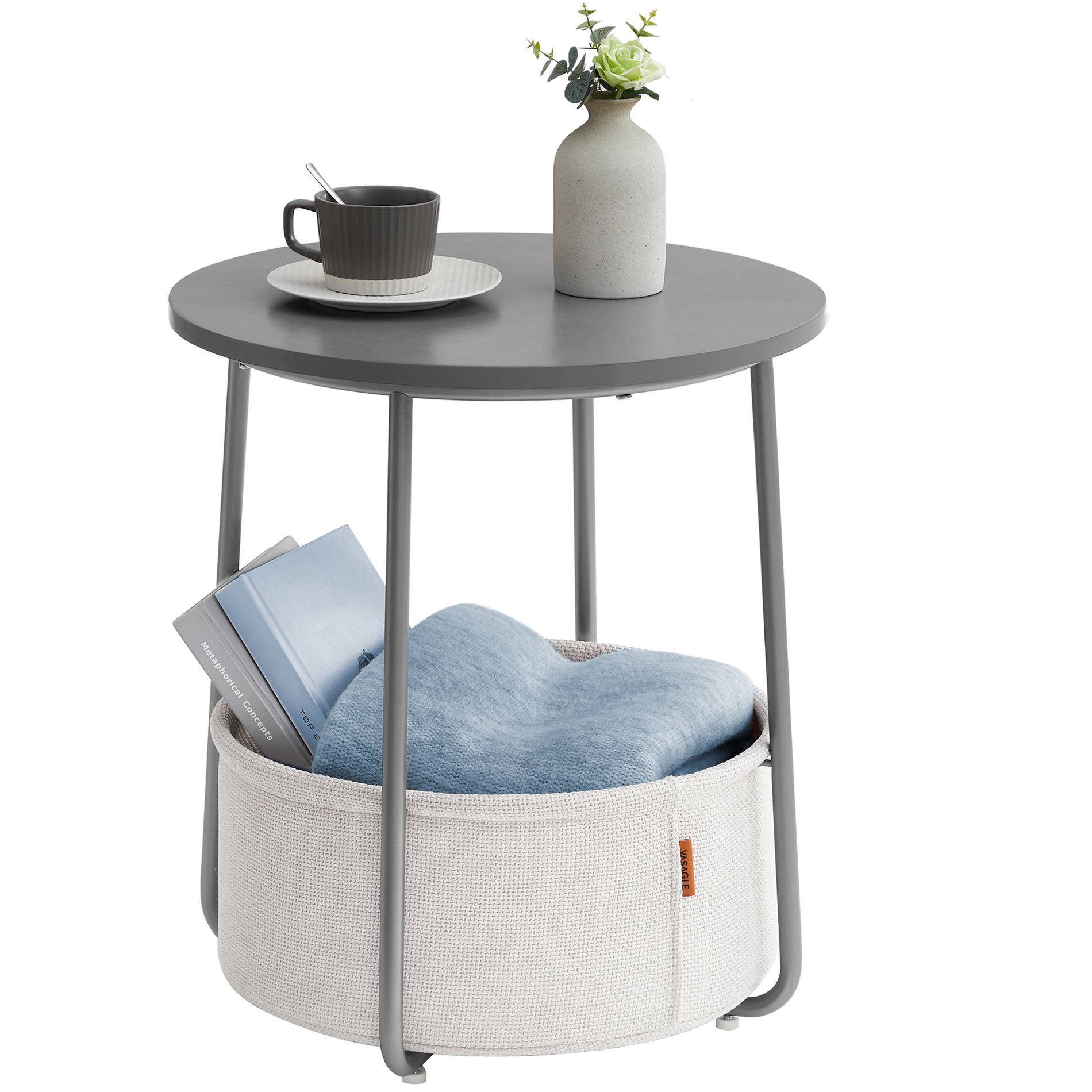 Small Round Side End Table Modern Nightstand with Fabric Basket