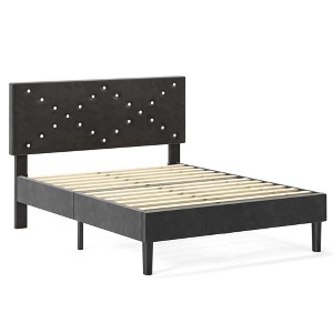 Gulches Full Size Modern Platform Bed Frame with Upholstered Headboard & Wooden Slats - No Box Spring Needed, Easy Assembly, Black - 1 of 4