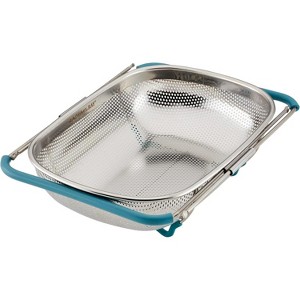 Rachael Ray Tools and Gadgets Over-The-Sink Colander/Strainer, 4.5 Quart, Stainless Steel with Agave Blue Handles - 1 of 4