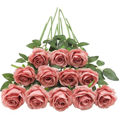 BRINJOY Delicate Dusty Pink Artificial Roses - 12 Long-Stem Silk Roses for Bridal Bouquets & Home Decor (50cm)