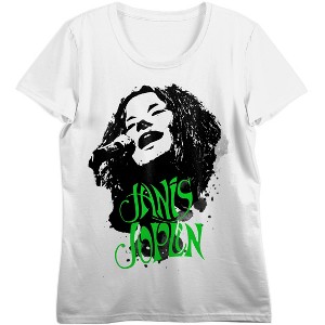 Janis Joplin Black Ink Art With Neon Green Text Women's White Short Sleeve Crew Neck Tee - 1 of 4