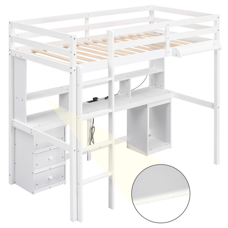 Loft Bed with Multi-Function Storage Table, LED Lights, Bedside Tray and Charging Station, White - ModernLuxe, 5 of 13