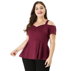 Agnes Orinda Women's Plus Size High Waist Sweetheart Cold Shoulder Peplum Blouse - 1 of 4