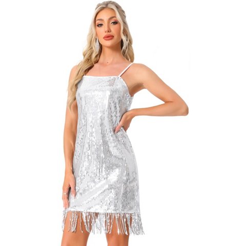 Женские платья INSPIRE CHIC Women's Sequin Spaghetti Strap Party Sparkly Fringe Dress Silver Large