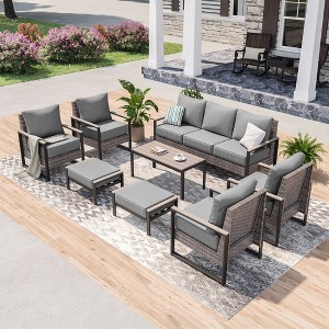 Sonkuki Outdoor Furniture Set Patio Conversation Sofa with Coffee Table Set, All-Weather PE Rattan Couch with Cushion - 1 of 4