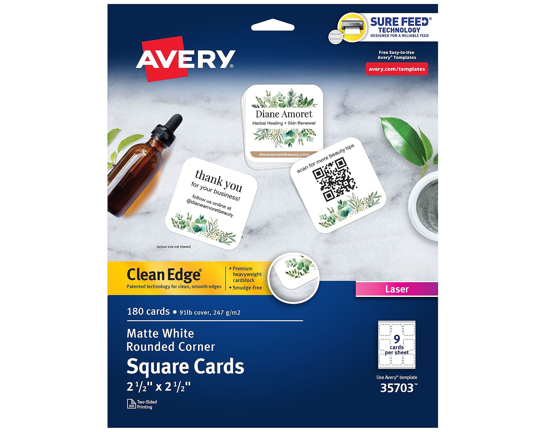 Avery Clean Edge Laser Square Cards with Rounded Corners 2 1/2" x 2 1/2" White 20 Sheets/Pack 180