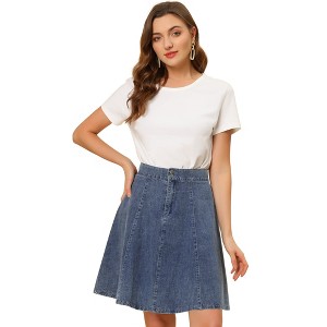 INSPIRE CHIC Women's High Waist A-Line Flared Pleated Above Knee Denim Skirt - 1 of 4