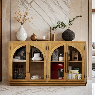 4-Door Large Storage Sideboard Buffet Cabinet with Glass Doors, Arched Cabinet with Adjustable Shelves- Leovsnove