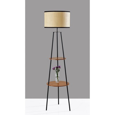 Black Metal Floor Lamp with Walnut Shelves and Rattan Shade