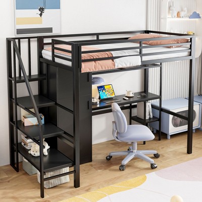 Twin Size Metal Loft Bed with Desk, Wardrobe, Storage Staircase & Shelves, Space-Saving Gaming Bed Frame - ModernLuxe