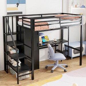 Twin Size Metal Loft Bed with Desk, Wardrobe, Storage Staircase & Shelves, Space-Saving Gaming Bed Frame - ModernLuxe - 1 of 4