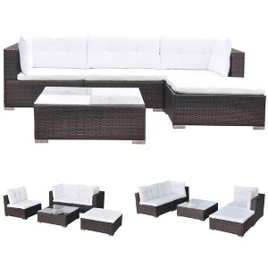 vidaXL 5 Piece Patio Lounge Set - Poly Rattan, Brown - Durable, All-Weather Outdoor Sofa Set with Cushions, Ottoman and Tea Table - 1 of 4