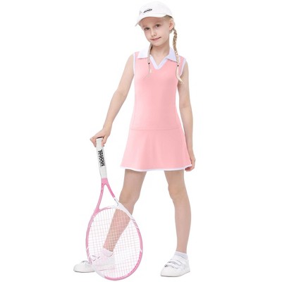 Girls Polo Neck Tennis Golf Dress Summer Sleeveless Shorts Skirt With Inner Shorts And Pockets Athletic Dress Pink 3-12Y