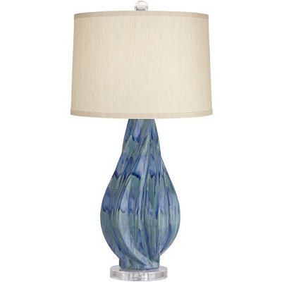 Possini Euro Design Modern Table Lamp with Dimmer 31" Tall Teal Blue Ceramic Beige Drum Shade for Bedroom Living Room Bedside Home