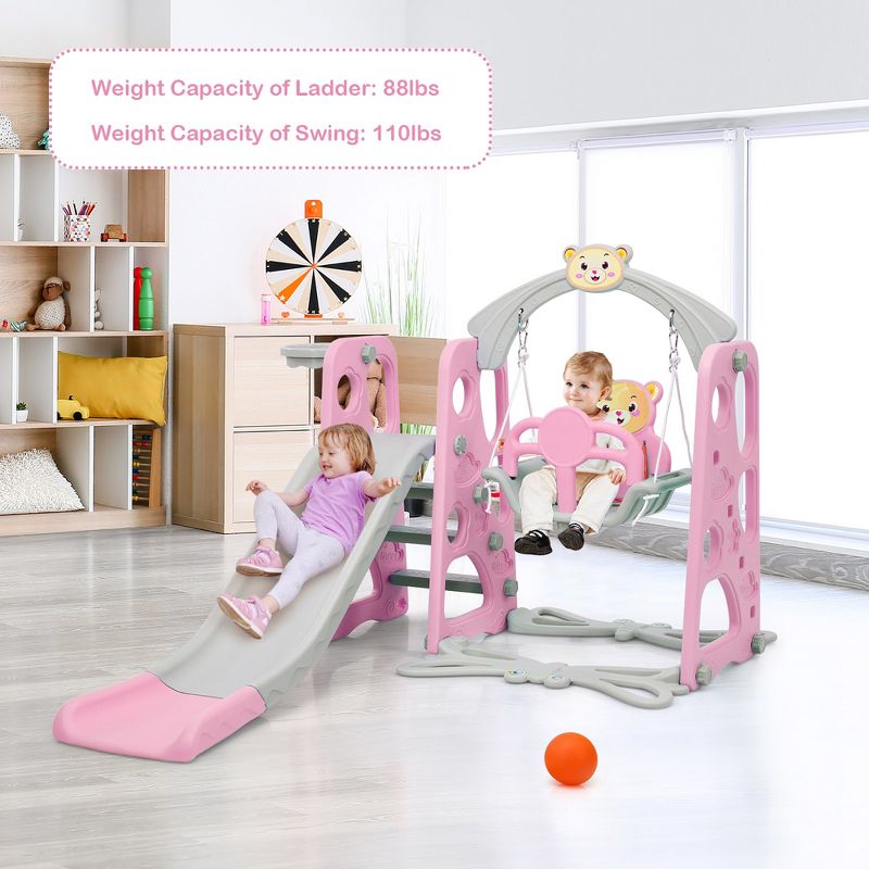 Costway 4-in-1 Kids Play Climber Playset w/ Basketball Hoop & Ball Pink, 3 of 11