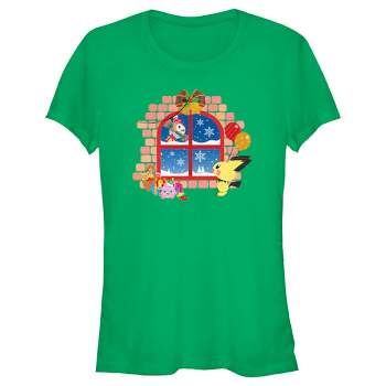 Juniors Womens Pokemon Christmas Window T-Shirt