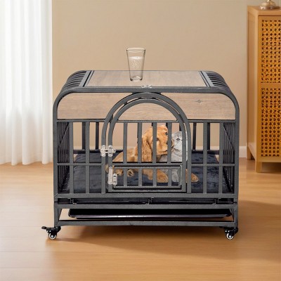 LAOTIES 46'' Heavy Duty Dog Crate,Furniture Style Kennel With Wheels And Removable Tray,Escape Proof Steel Cage For Large Dogs