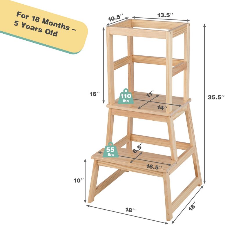 Costway Kids Kitchen Step Stool Kids Standing Tower with Safety Rails White\Nature, 4 of 11