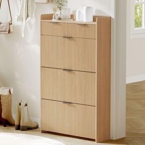 Narrow Shoe Storage Cabinet with 3 Flip Drawers & 2 Top Drawers – Farmhouse Fluted Wooden Shoe Organizer for Entryway, Hallway - 1 of 4