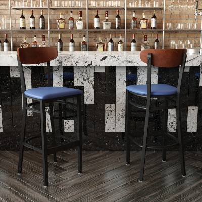 Wright 59'' Blue and Walnut Modern Commercial Barstool with Steel Frame