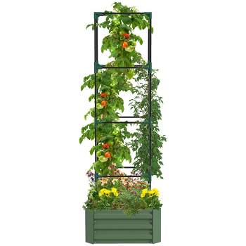 Outsunny Raised Garden Bed, 24" x 24" x 11.75" Galvanized Planter Box w/ Tomato Cage, Open Bottom for Climbing Vines