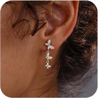 14K Gold Plated Butterfly Dangle Earrings for Women - Dainty, Trendy, CZ Drop Earrings - Simple Long Dangling Jewelry