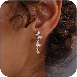 14K Gold Plated Butterfly Dangle Earrings for Women - Dainty, Trendy, CZ Drop Earrings - Simple Long Dangling Jewelry - 1 of 4