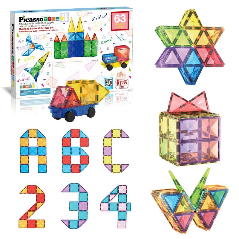 Picasso Tiles Magnetic Tile 63pc Building Set with 1 Car Base, 1 of 10
