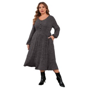 Coolmee Womens Plus Size Casual Winter Maxi Dresses Long Sleeve V Neck Button Badydoll Knit Long Sweater Dress with Pockets - 1 of 1