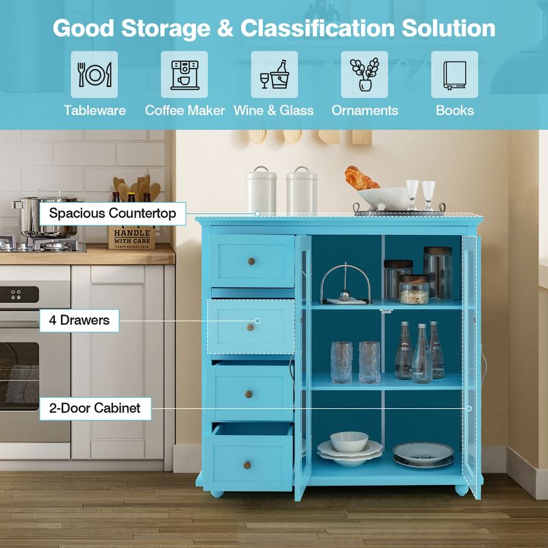 Costway Buffet Sideboard Table Kitchen Storage Cabinet with Drawers & Doors Blue/White/Green, 5 of 11