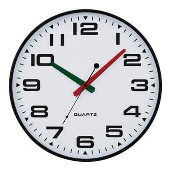 Tempus 13-In. Quartz Black and White Silent-Sweep Wall Clock with Black, Green, and Red Hands, and Ultra-Slim Black Rim