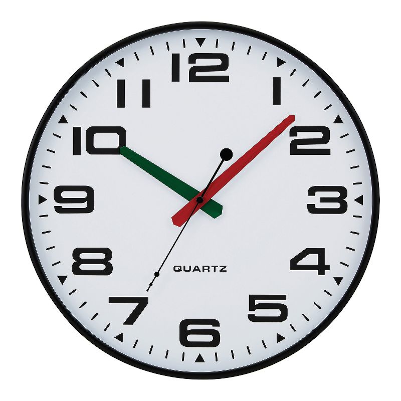 Tempus 13-In. Quartz Black and White Silent-Sweep Wall Clock with Black, Green, and Red Hands, and Ultra-Slim Black Rim, 1 of 6