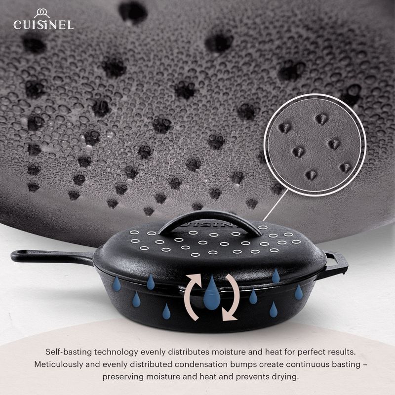 Cuisinel Cast Iron Skillet with Lid - 12"-inch Pre-Seasoned Covered Frying Pan Set + Silicone Handle & Lid Holders + Scraper/Cleaner, 4 of 5