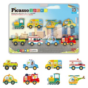 PICASSO-TILES Magnetic Tiles for Kids, Metro City Vehicles Theme Construction STEM Building Blocks Educational Toy, 8PCS - 1 of 4