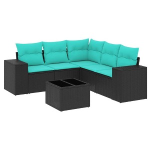 vidaXL 6 Piece Garden Sofa Set with Cushions Black Poly Rattan - Black With Table - 1 of 4