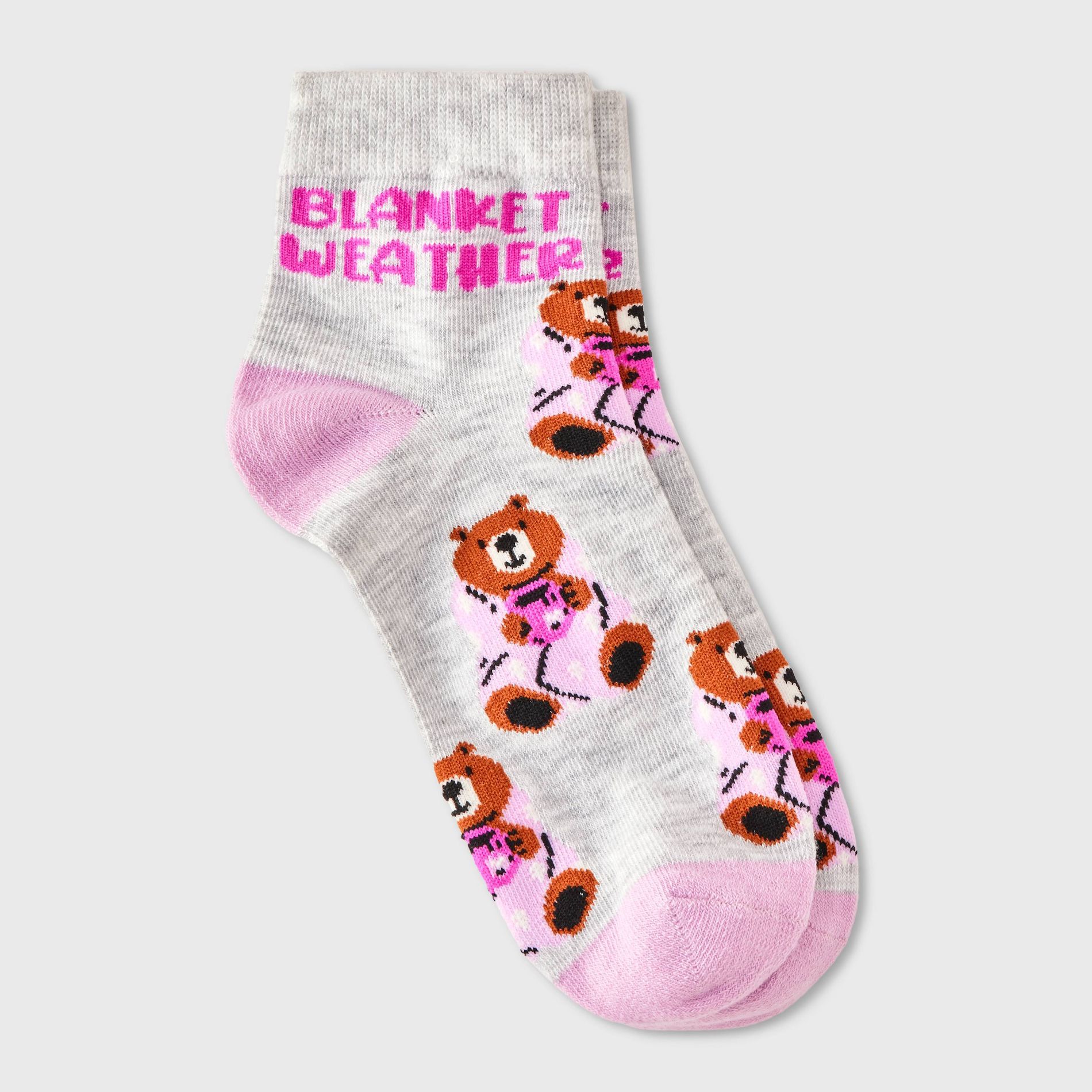 Women's 'Blanket Weather' Bear Ankle Socks - Light Heather Gray/Purple 4-10