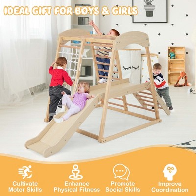 Natural Wood 6-in-1 Indoor Jungle Gym with Slide