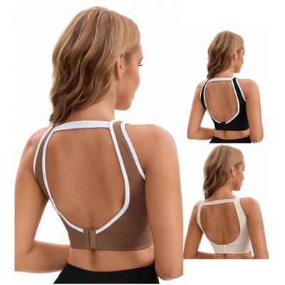 INSPIRE CHIC Women's 3 Pcs Open Back Workout Tank with Built-in Bras Contrast Color Crop Sports Vest