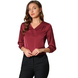INSPIRE CHIC Women's V Neck 3/4 Sleeve Casual Office Work Satin Blouses - 1 of 4